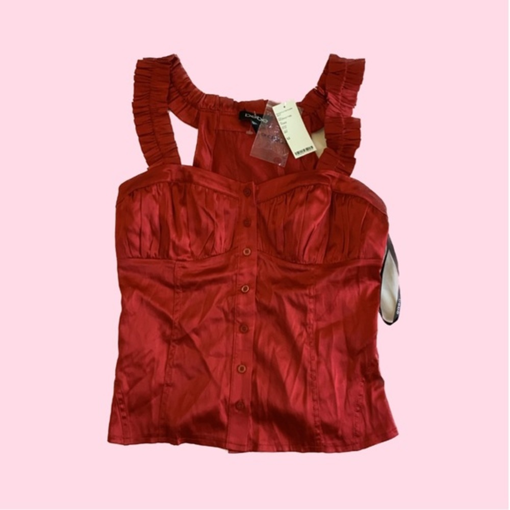 NWT BEBE Bright Red Silk Tank Top with Buttons